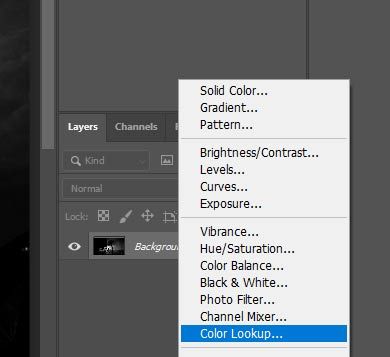 photoshop menu indicating where to find LUTS