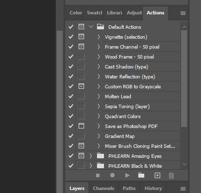 image of the actions tab in Photoshop