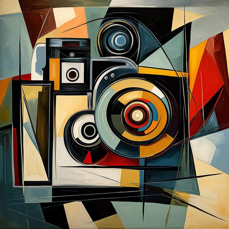 A picasso style painting of a digital camera