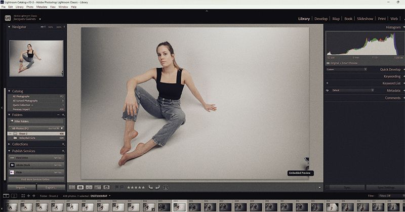 Photo of woman posing in the Adobe Lightroom interface